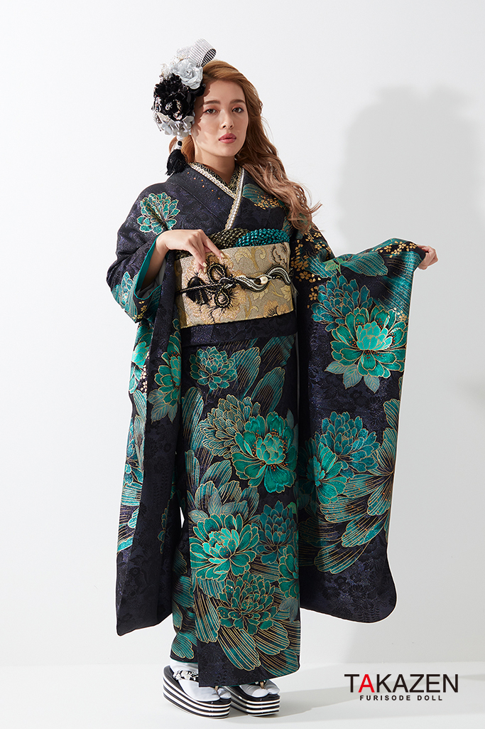TAKAZENのレンタル振袖 クール系 黒/緑 牡丹柄 目立つ ギャル振袖 派手 かっこいい モード ゴージャス【通販可】 G49