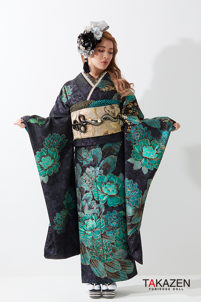 TAKAZENのレンタル振袖 クール系 黒/緑 牡丹柄 目立つ ギャル振袖 派手 かっこいい モード ゴージャス【通販可】 G49