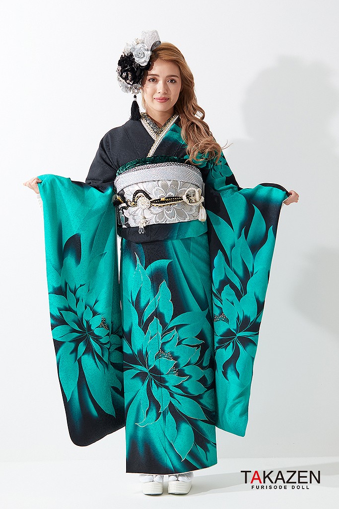 TAKAZENのレンタル振袖 格安クール系　黒/緑　蓮柄/スッキリ大柄　シンプル　モード系振袖　大人っぽい　かっこいい　ギャル　夏音【通販可】G50