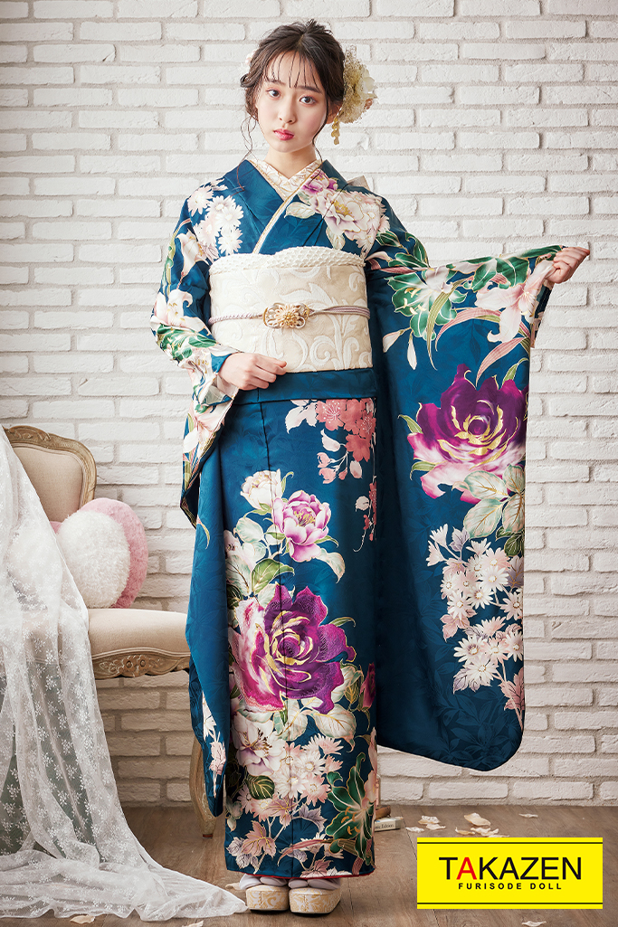 TAKAZENのレンタル振袖 最旬トレンド♡ゆるふわフェミニン(薔薇柄)ブルー/青 K583【通販可】