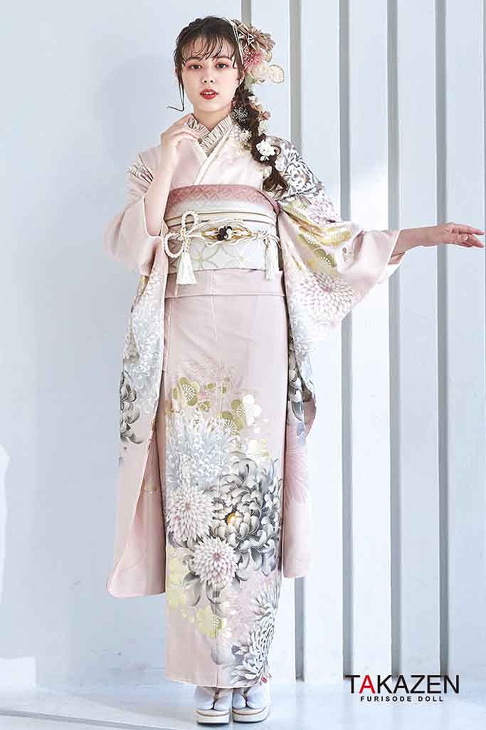 TAKAZENのレンタル振袖 くすみカラー古典　薄ピンク/淡い色/パステルカラー　乱菊柄/古典柄　綺麗　大人っぽい振袖　木下絵里香【通販可】LB10