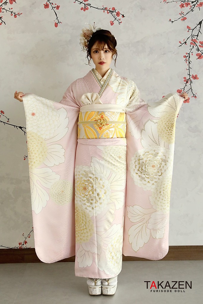 TAKAZENのレンタル振袖 正統派古典　薄ピンク/白　薄い色/淡色　菊柄/大柄　かわいい　シンプル　上品【通販可】22009