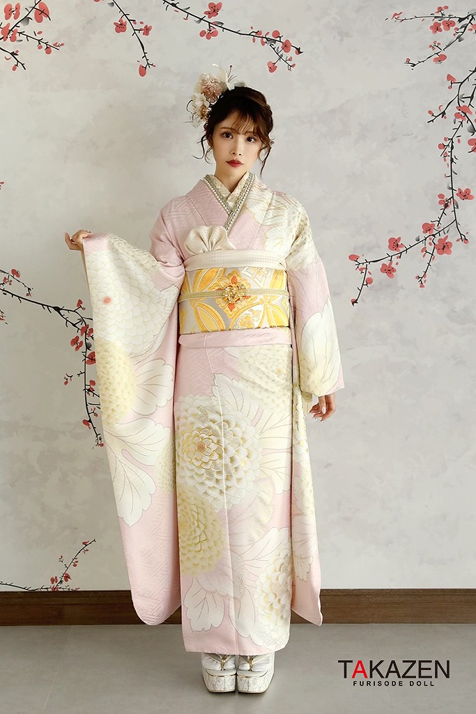 TAKAZENのレンタル振袖 正統派古典　薄ピンク/白　薄い色/淡色　菊柄/大柄　かわいい　シンプル　上品【通販可】22009