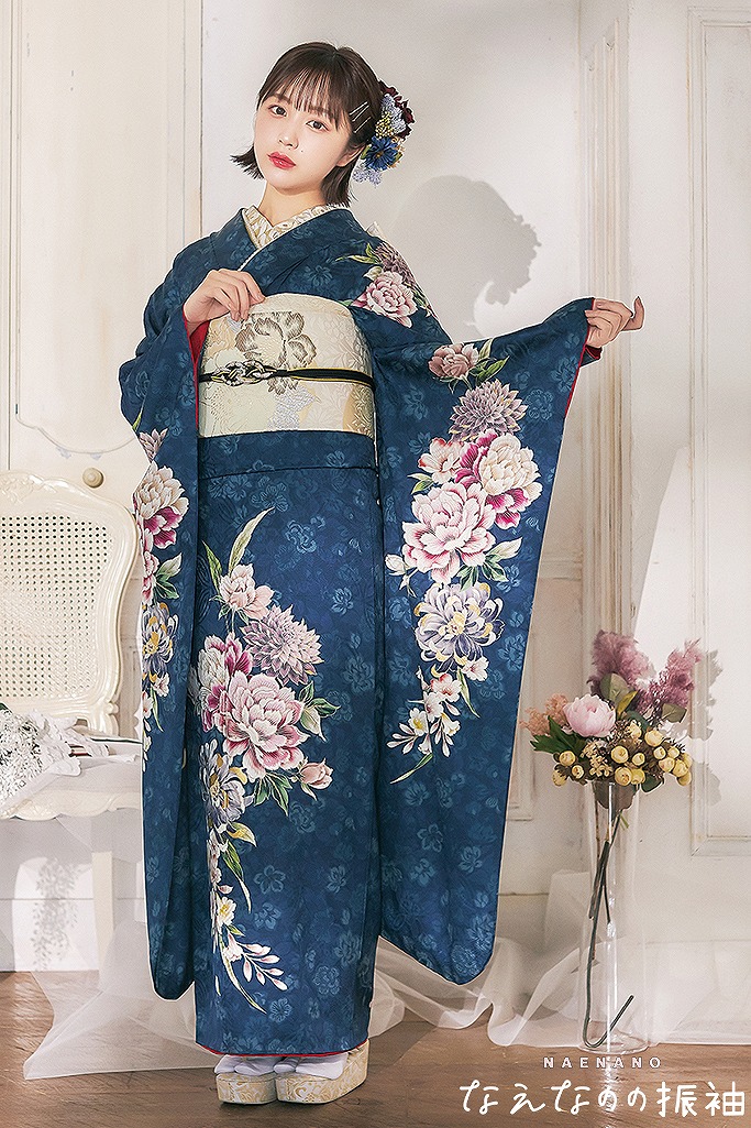 TAKAZENのレンタル振袖 なえなのの振袖ネットレンタル♡すっきり柄で大人かわいい 青/紺(ネイビー) K642【通販可】