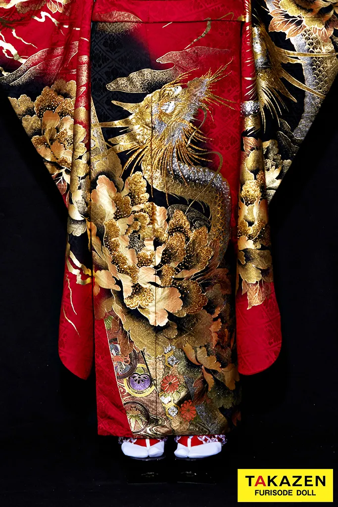 TAKAZENのレンタル振袖 ジャパンモード　赤/黒/ゴールド(金色)　本家龍柄　派手　渋い振袖　かっこいい　ギャル　いかつい　スワロフスキー付き　中村りおん【通販可】21046
