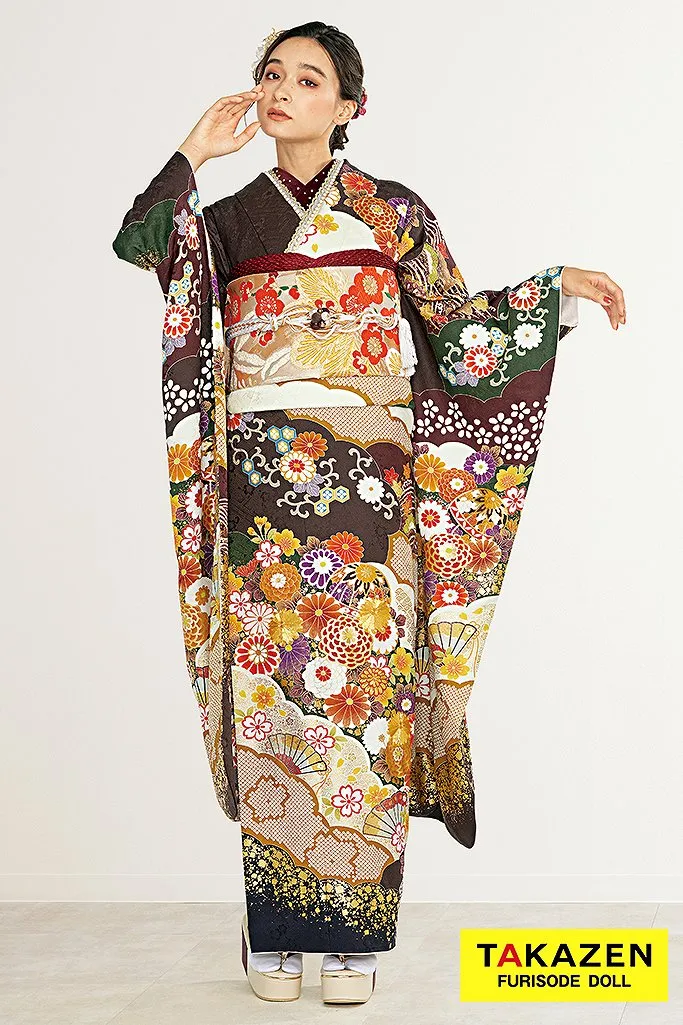 TAKAZENのレンタル振袖 正統派古典 ブラウン/茶色/金 吉祥文様 お洒落 大人っぽい 華やか 今どきの色合い【通販可】22019