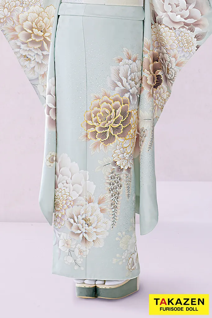 TAKAZENのレンタル振袖 正統派古典　くすみグリーン/ミントグリーン/水色　牡丹柄　かわいい　人気　假屋崎省吾デザイン振袖　ブリッジマン遊七【通販可】23004