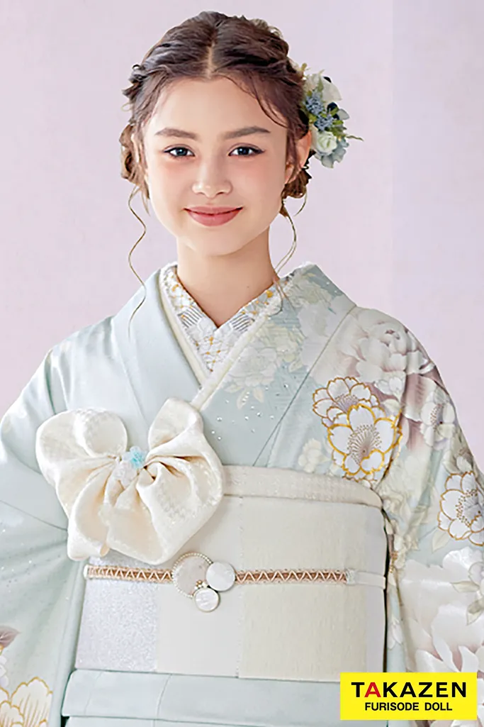 TAKAZENのレンタル振袖 正統派古典　くすみグリーン/ミントグリーン/水色　牡丹柄　かわいい　人気　假屋崎省吾デザイン振袖　ブリッジマン遊七【通販可】23004