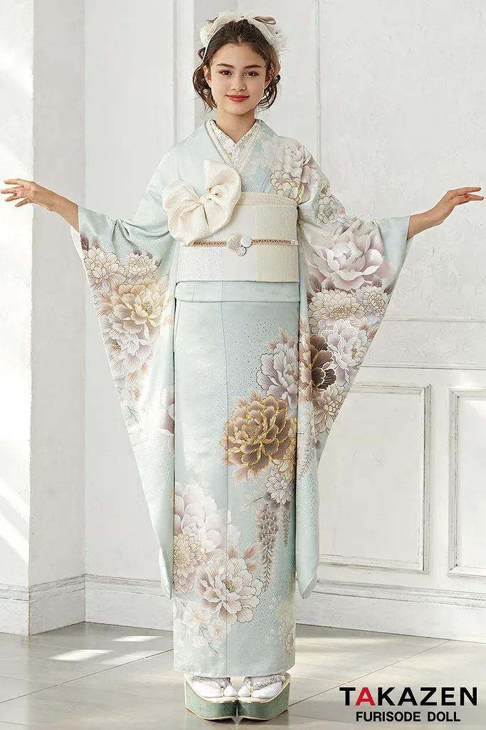 TAKAZENのレンタル振袖 正統派古典　くすみグリーン/ミントグリーン/水色　牡丹柄　かわいい　人気　假屋崎省吾デザイン振袖　ブリッジマン遊七【通販可】23004