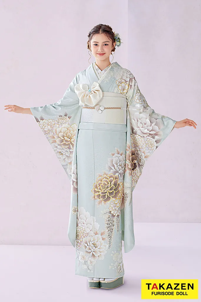TAKAZENのレンタル振袖 正統派古典　くすみグリーン/ミントグリーン/水色　牡丹柄　かわいい　人気　假屋崎省吾デザイン振袖　ブリッジマン遊七【通販可】23004