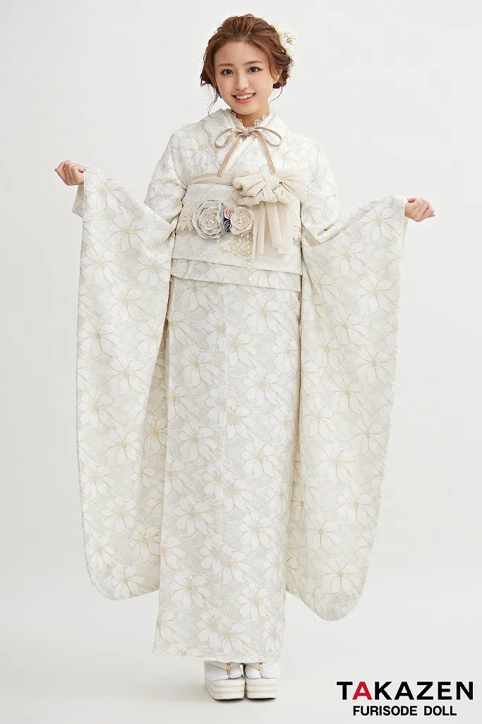 TAKAZENのレンタル振袖 くすみカラーガーリー　白 　総レース振袖　かわいいホワイトコーデ　香音ちゃん　量産型【通販】23015