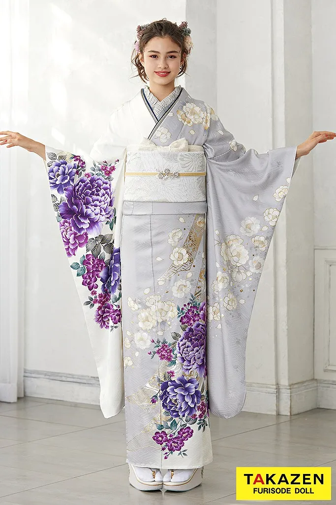 TAKAZENのレンタル振袖 くすみカラー古典　グレー/白/紫/淡い色　ボタン柄　シンプル　大人っぽい　バイカラー　品のある振袖　ブリッジマン遊七【通販可】24024