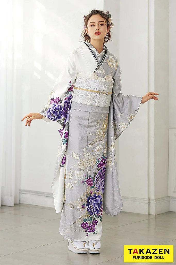 TAKAZENのレンタル振袖 くすみカラー古典　グレー/白/紫/淡い色　ボタン柄　シンプル　大人っぽい　バイカラー　品のある振袖　ブリッジマン遊七【通販可】24024