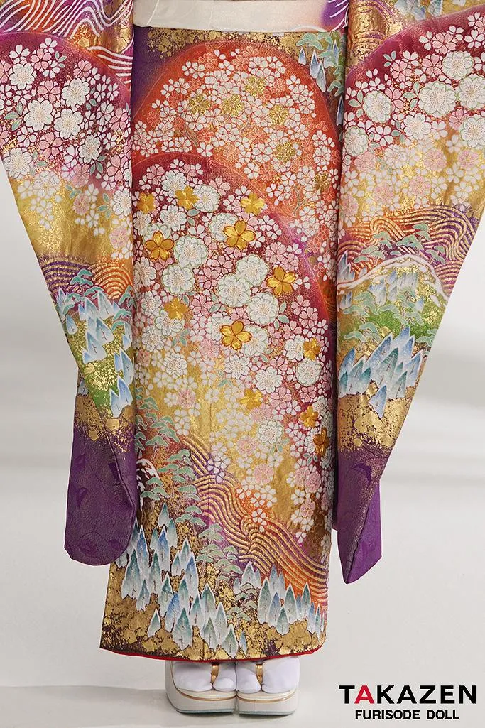 TAKAZENのレンタル振袖 プレミアム古典　紫/オレンジ　サクラ柄　最高級金彩刺繍絞り友禅　百貨店価格振袖表地単品250万円　豪華　マーシュ彩【通販可】24038