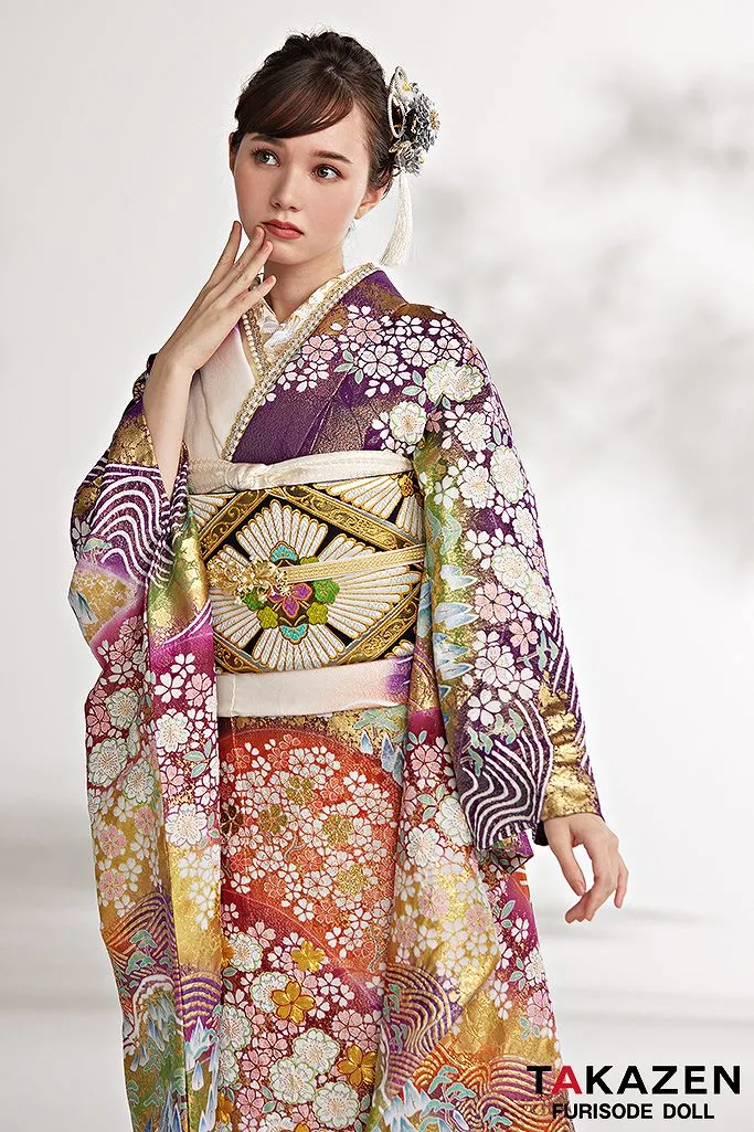 TAKAZENのレンタル振袖 プレミアム古典　紫/オレンジ　サクラ柄　最高級金彩刺繍絞り友禅　百貨店価格振袖表地単品250万円　豪華　マーシュ彩【通販可】24038