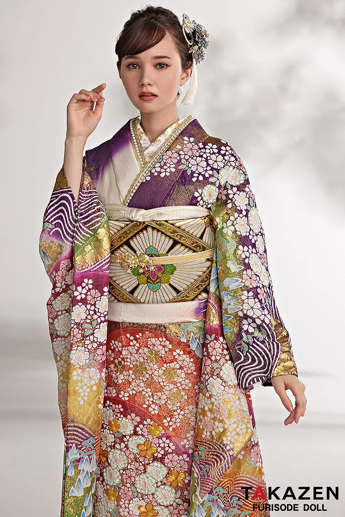 TAKAZENのレンタル振袖 プレミアム古典　紫/オレンジ　サクラ柄　最高級金彩刺繍絞り友禅　百貨店価格振袖表地単品250万円　豪華　マーシュ彩【通販可】24038