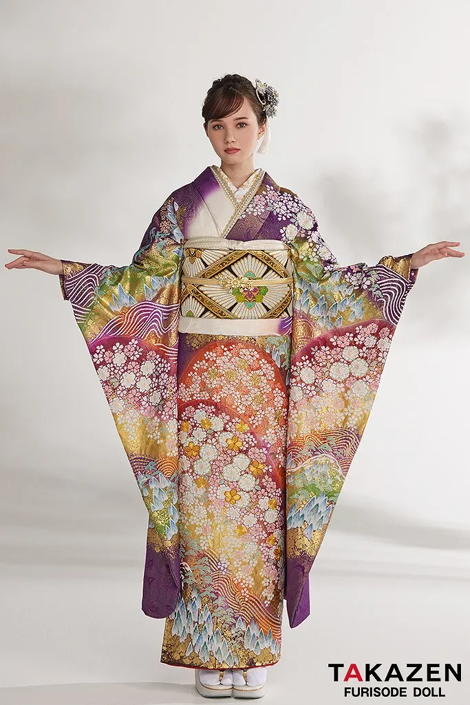 TAKAZENのレンタル振袖 プレミアム古典　紫/オレンジ　サクラ柄　最高級金彩刺繍絞り友禅　百貨店価格振袖表地単品250万円　豪華　マーシュ彩【通販可】24038