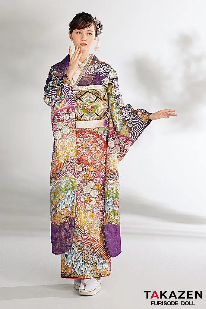TAKAZENのレンタル振袖 プレミアム古典　紫/オレンジ　サクラ柄　最高級金彩刺繍絞り友禅　百貨店価格振袖表地単品250万円　豪華　マーシュ彩【通販可】24038
