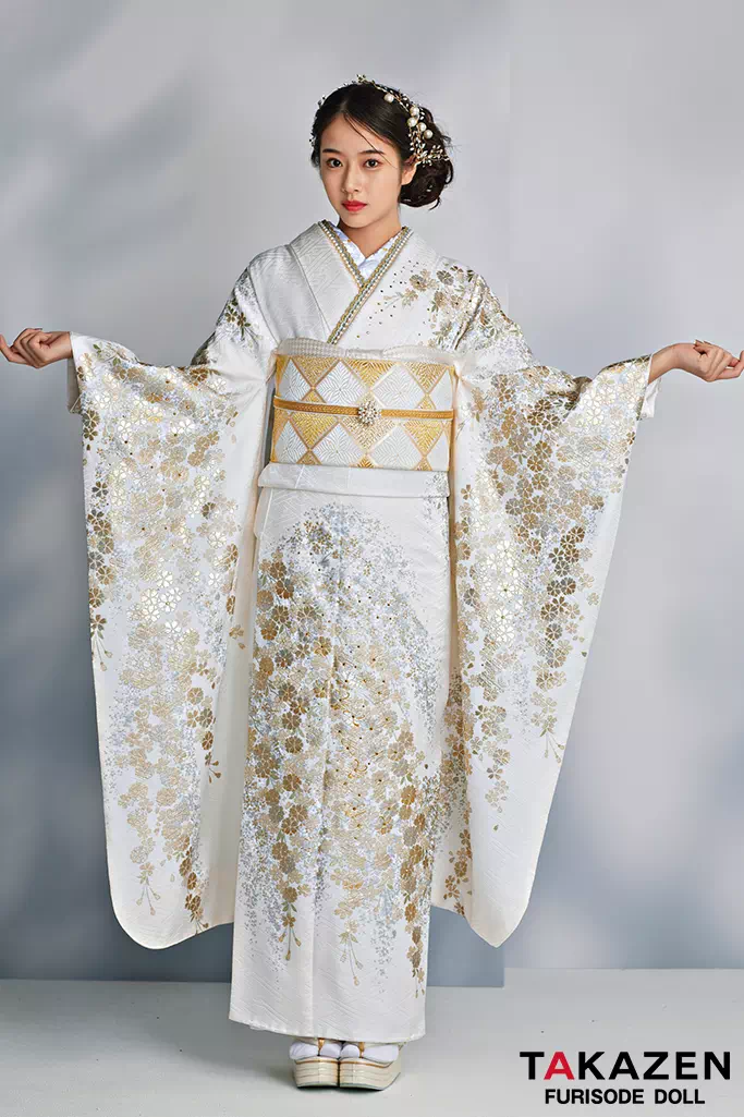 TAKAZENのレンタル振袖 最高級古典柄振袖　関芳/最高級金駒金彩刺繍友禅　白/金　桜柄　キラキラ　上品　正絹　スワロフスキー付き　透明感のある　天翔天音【通販可】24039