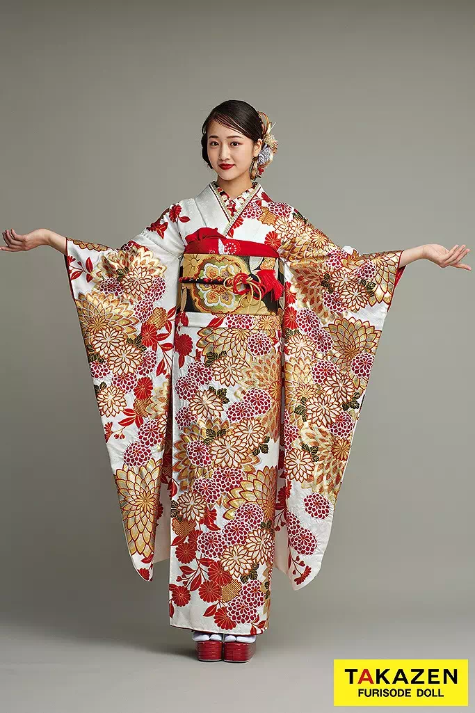 TAKAZENのレンタル振袖 最高級古典柄振袖　滝泰/最高級金彩刺繍絞り友禅　白/金/赤　菊柄　上品な振袖　綺麗　はんなり　豪華　唐絞り　天翔愛【通販可】24040