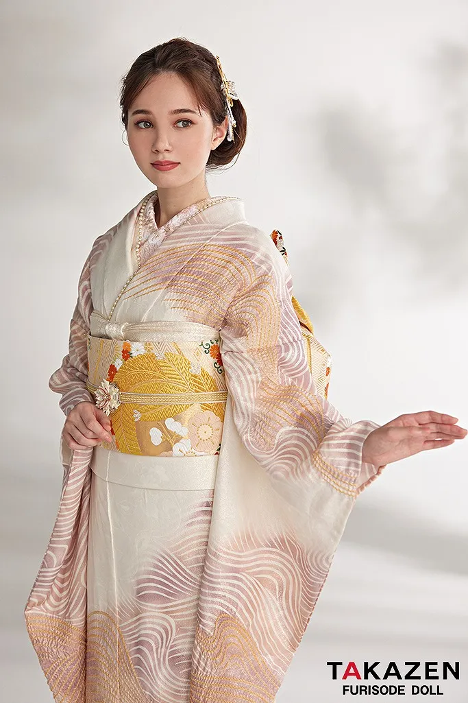 TAKAZENのレンタル振袖 プレミアム古典　白ピンク　波模様　シンプル　大人っぽい　絞り　最高級金彩刺繍絞り友禅　おしとやか　マーシュ彩【通販可】24041