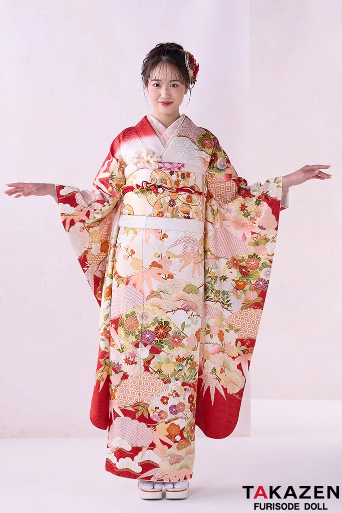 TAKAZENのレンタル振袖 正統派古典振袖　吉澤織物/匠　赤/白　松柄/菊柄　清楚　伝統的　かわいい　本格的　高級古典　天翔愛【通販可】24043