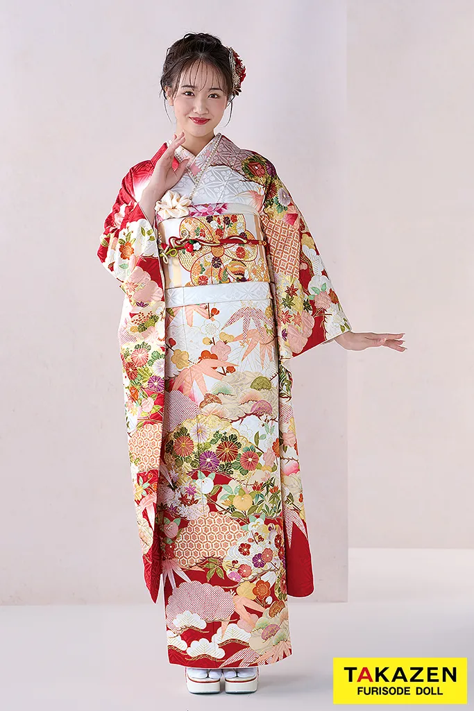 TAKAZENのレンタル振袖 正統派古典振袖　吉澤織物/匠　赤/白　松柄/菊柄　清楚　伝統的　かわいい　本格的　高級古典　天翔愛【通販可】24043