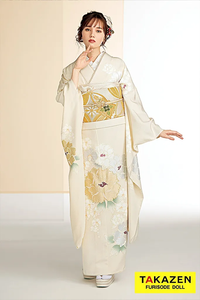TAKAZENのレンタル振袖 正統派古典 クリーム/金(ゴールド) 牡丹柄 シンプル おしとやか 上品 最高級金彩手描友禅 オフカラー【通販可】24044