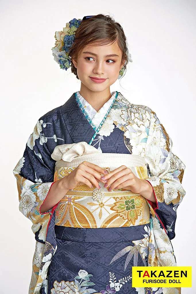 TAKAZENのレンタル振袖 正統派古典　紺色(ネイビー)/金　牡丹柄　豪華　きれいめ　華やか　清楚　大人っぽい振袖　ブリッジマン遊七【通販可】24049