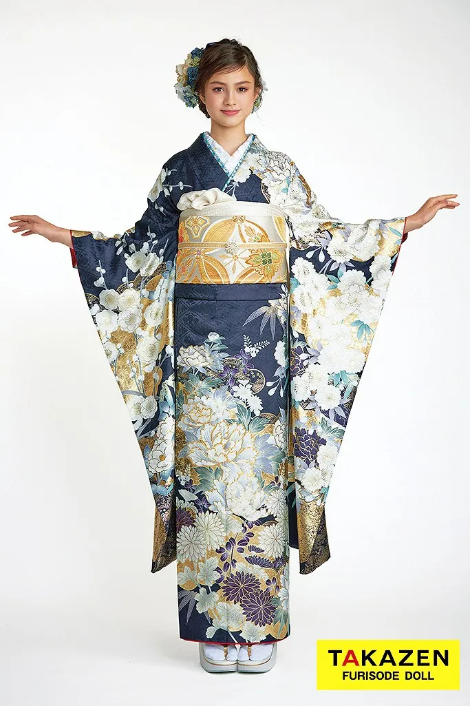 TAKAZENのレンタル振袖 正統派古典　紺色(ネイビー)/金　牡丹柄　豪華　きれいめ　華やか　清楚　大人っぽい振袖　ブリッジマン遊七【通販可】24049
