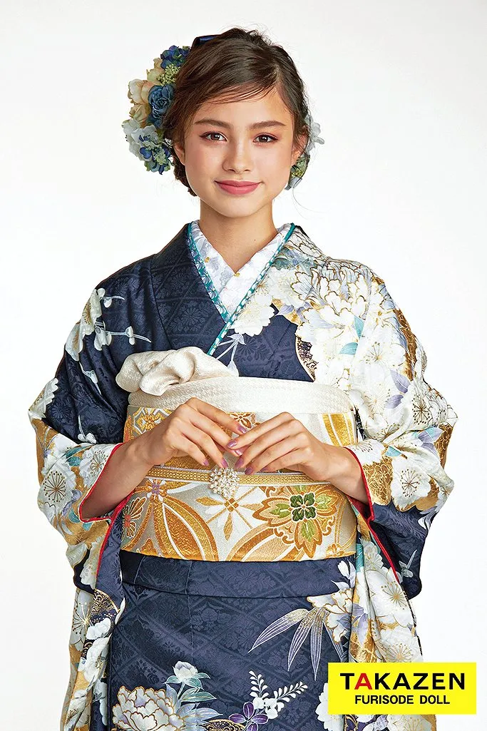 TAKAZENのレンタル振袖 正統派古典　紺色(ネイビー)/金　牡丹柄　豪華　きれいめ　華やか　清楚　大人っぽい振袖　ブリッジマン遊七【通販可】24049