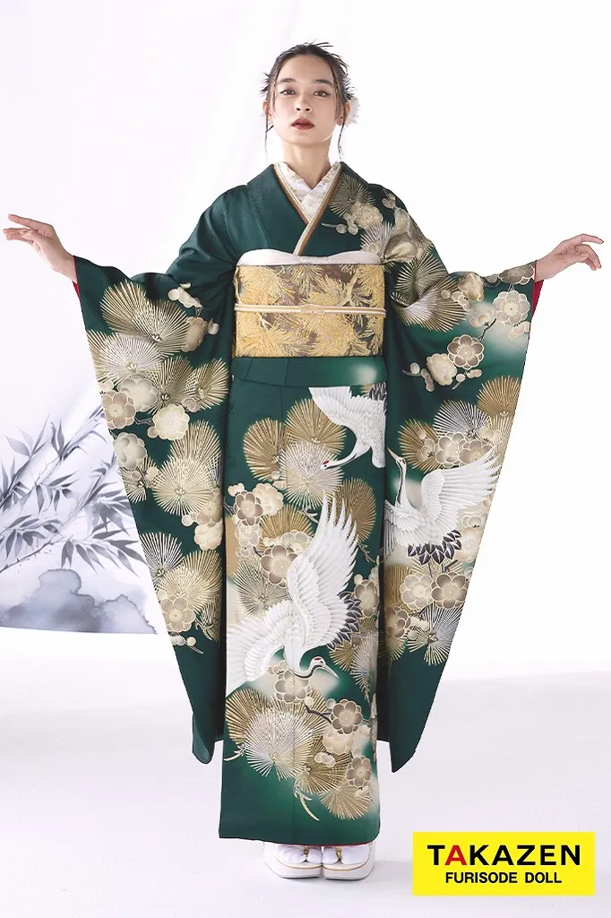 TAKAZENのレンタル振袖 粋古典　緑/金/グリーン　鶴柄/針松柄　金彩京友禅　かっこいい振袖　大人っぽい　シック　人気　渋い　弓ライカ【通販可】24054