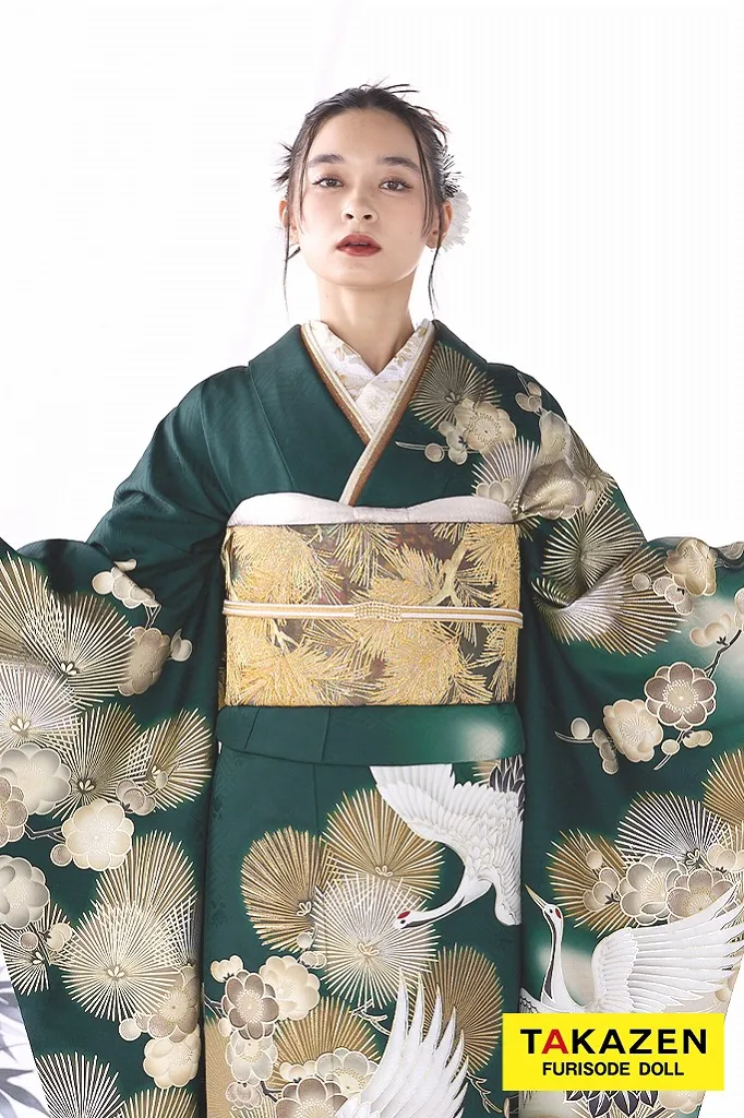 TAKAZENのレンタル振袖 粋古典　緑/金/グリーン　鶴柄/針松柄　金彩京友禅　かっこいい振袖　大人っぽい　シック　人気　渋い　弓ライカ【通販可】24054