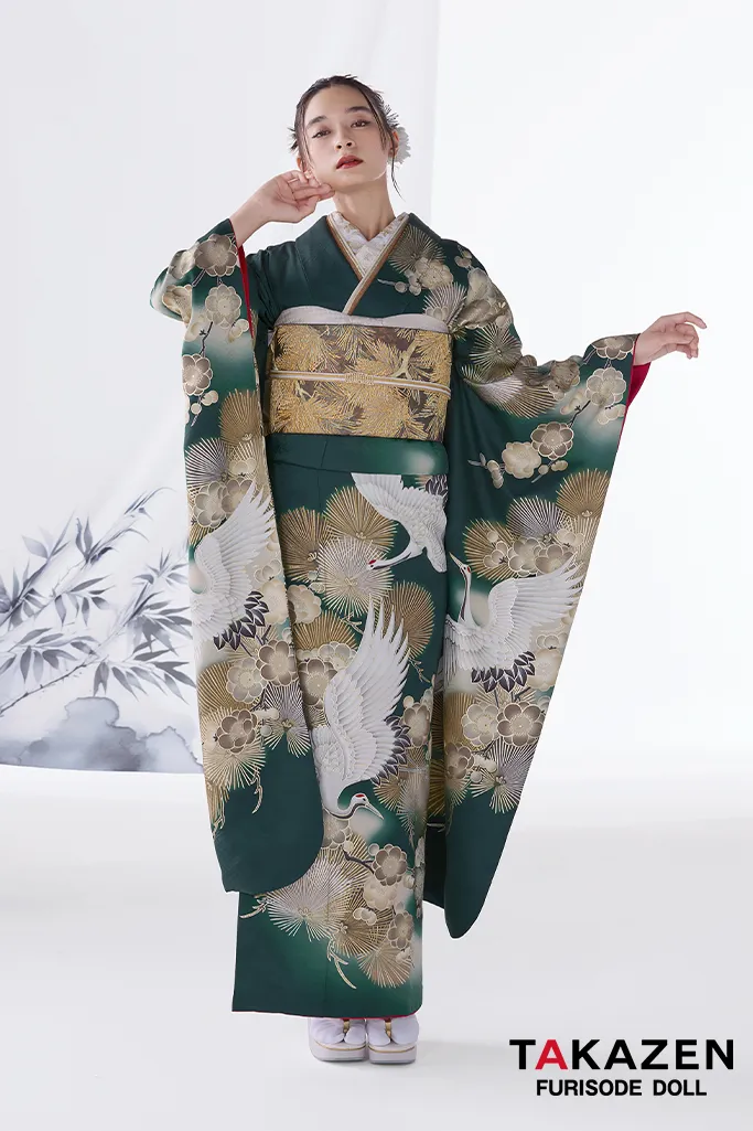 TAKAZENのレンタル振袖 粋古典 緑/金/グリーン 鶴柄/針松柄 金彩京友禅 かっこいい振袖 大人っぽい シック 人気 渋い 弓ライカ【通販可】24054