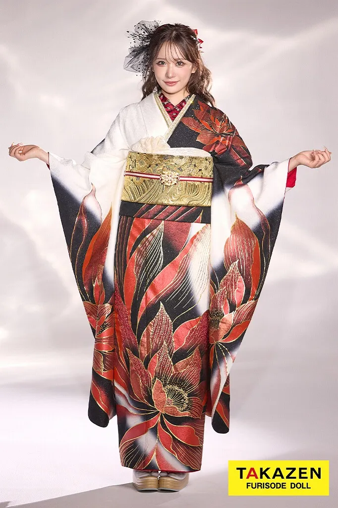 TAKAZENのレンタル振袖 モード　赤/黒/白　大柄/牡丹柄　目立つ　グラマラス　ギャル振袖　派手　グラマラス　スパンコール　ゴージャス　伊藤桃々【通販可】24068