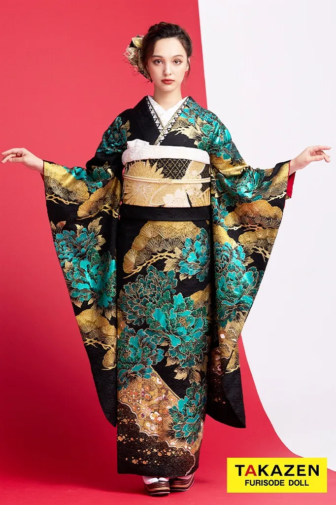 TAKAZENのレンタル振袖 ジャパンモード　黒/金/緑　牡丹柄/和柄　渋い　いかつい　豪華振袖　かっこいい　ギャル系　スワロフスキー付き　目立つ　香川るな【通販可】24070