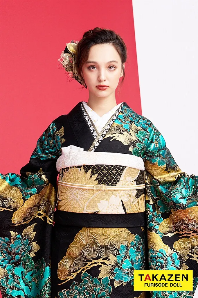 TAKAZENのレンタル振袖 ジャパンモード　黒/金/緑　牡丹柄/和柄　渋い　いかつい　豪華振袖　かっこいい　ギャル系　スワロフスキー付き　目立つ　香川るな【通販可】24070