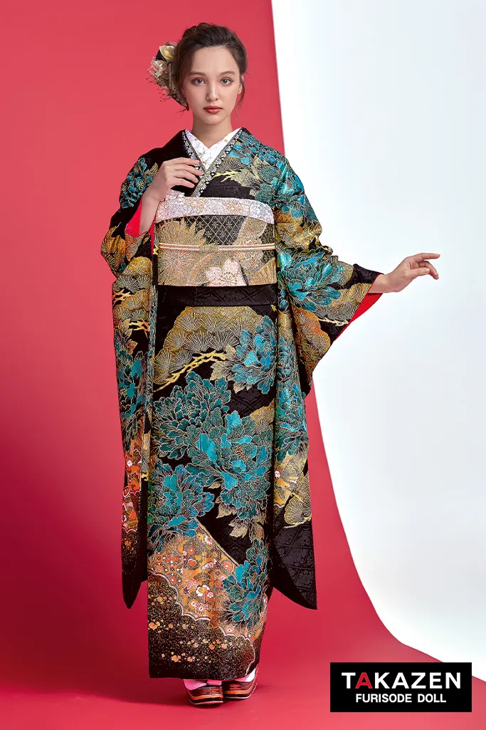 TAKAZENのレンタル振袖 ジャパンモード 黒/金/緑 牡丹柄/和柄 渋い いかつい 豪華振袖 かっこいい ギャル系 スワロフスキー付き 目立つ 香川るな【通販可】24070