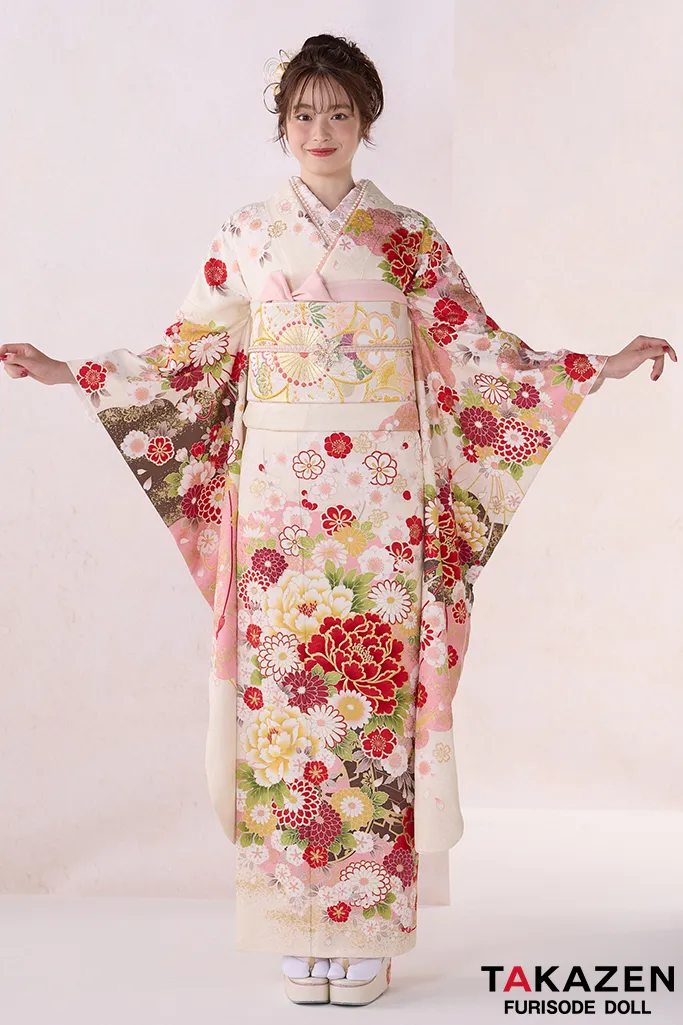 TAKAZENのレンタル振袖 正統派古典　白ピンク　牡丹柄　かわいい振袖　金彩刺繍京友禅　女の子らしい　人気　伝統的　葛西杏也菜【通販可】32051