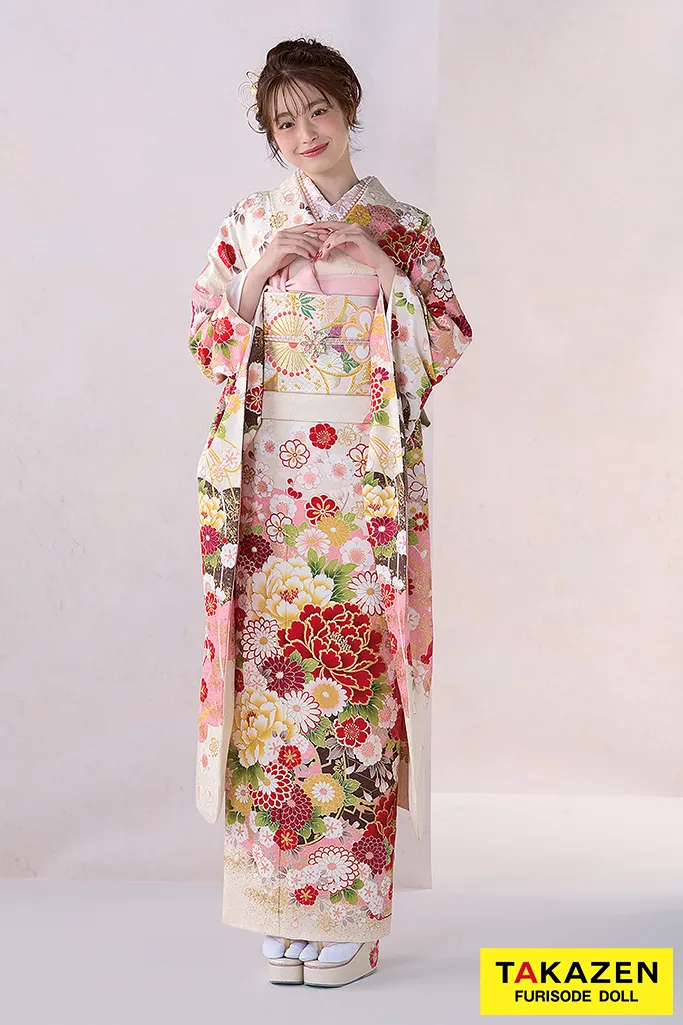 TAKAZENのレンタル振袖 正統派古典　白ピンク　牡丹柄　かわいい振袖　金彩刺繍京友禅　女の子らしい　人気　伝統的　葛西杏也菜【通販可】32051