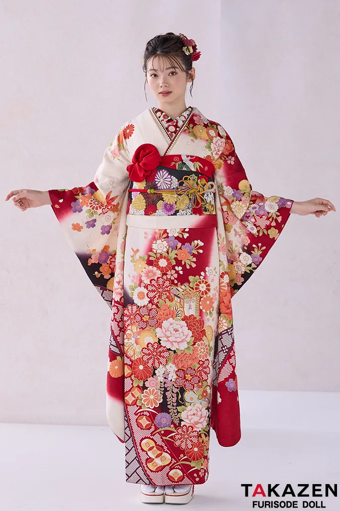 TAKAZENのレンタル振袖 正統派古典　赤/黒/白　御所車柄/牡丹柄　人気　上品　可愛い　伝統的古典　清楚　最高級金彩刺繍絞り友禅　南琴奈【通販可】32054