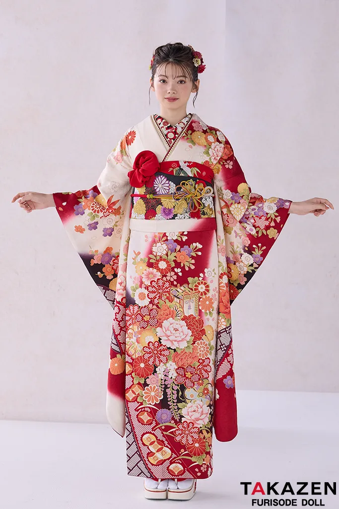 TAKAZENのレンタル振袖 正統派古典　赤/黒/白　御所車柄/牡丹柄　人気　上品　可愛い　伝統的古典　清楚　最高級金彩刺繍絞り友禅　南琴奈【通販可】32054
