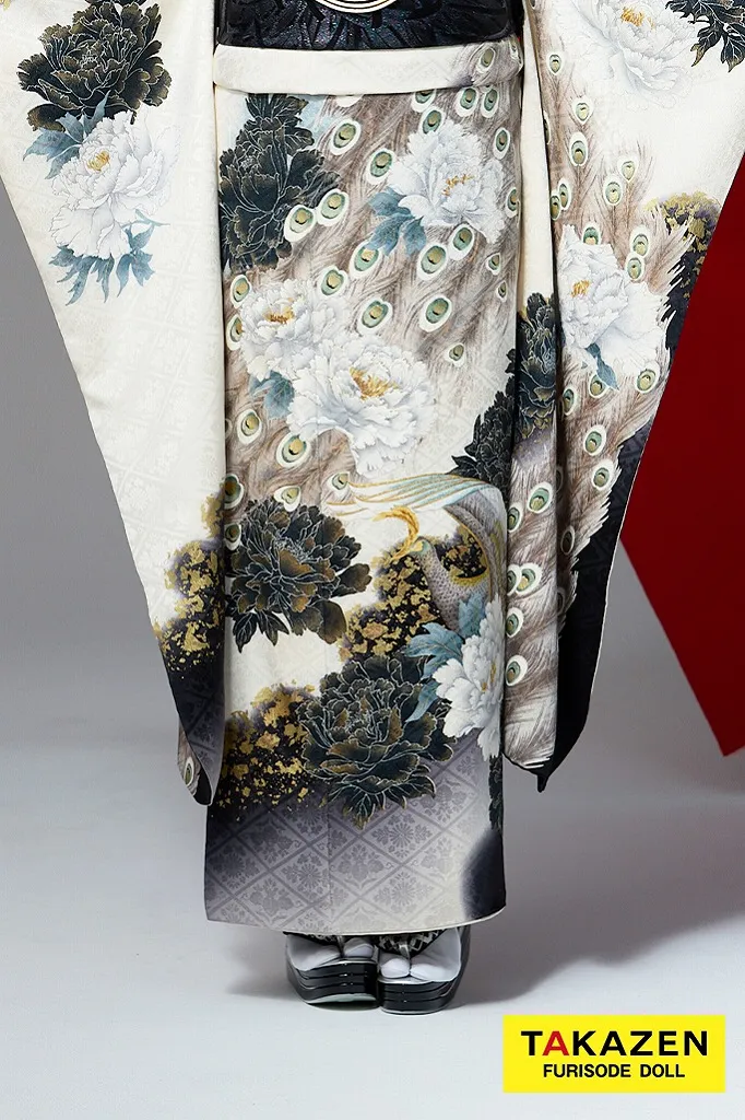 TAKAZENのレンタル振袖 ジャパンモード　白/グレー　孔雀柄　シック　渋い　かっこいい振袖　粋　ギャル　大人っぽい　花魁風　中村りおん【通販可】32146