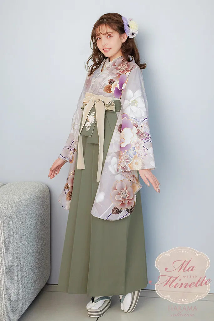 TAKAZENのレンタル袴 くすみカラー古典　グレー/紫　椿柄　淡い色　上品　大人っぽい【通販可】K24019
