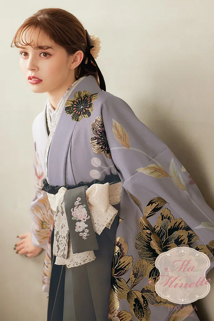 TAKAZENのレンタル袴 くすみカラー古典　紫/白/ダスティーカラー　大柄　バイカラー　かっこいい　上品　和風【通販可】K24021