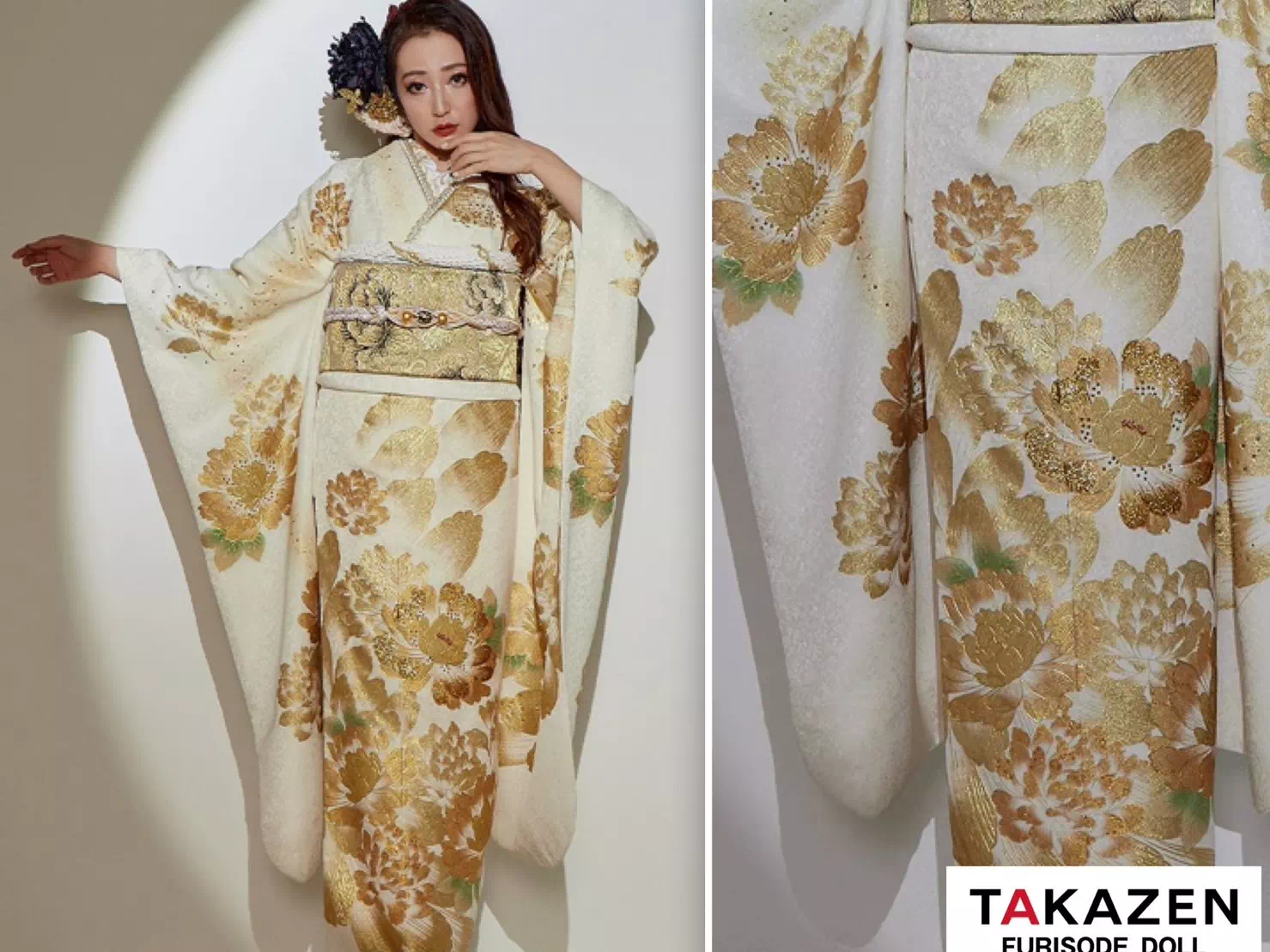 TAKAZEN神戸三宮店　前撮り撮影会　イマドキ　カワイイ　コディネート　振袖　レンタル　袴　スタジオ　おしゃれ　いまどき　レンタル　白　金　かっこいい　牡丹　キラキラ