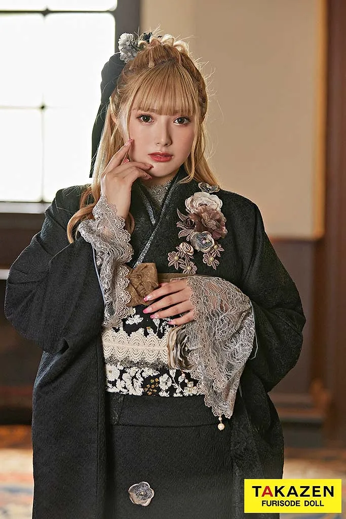 成人式 振袖 レース レースインナー フレンチガーリー お花 ブラック 黒 淡い かわいい 可愛い