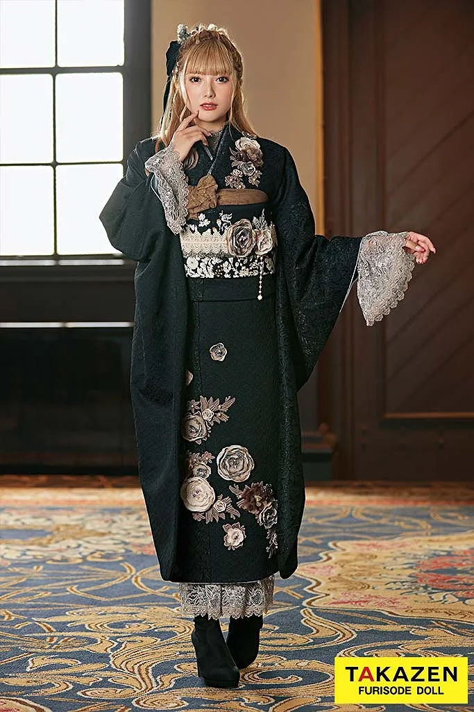 成人式 振袖 レース レースインナー フレンチガーリー お花 ブラック 黒 淡い かわいい 可愛い