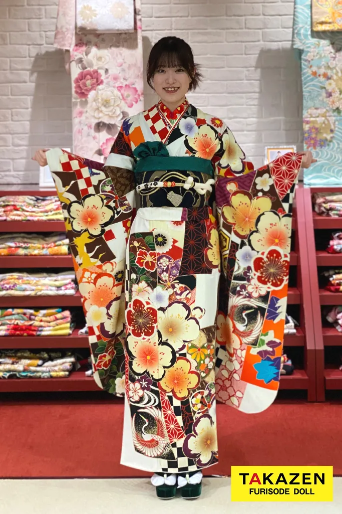 TAKAZENのレンタル振袖 安い!レトロ古典 白/赤 桜柄/市松模様 華やか カラフル プチプラ振袖 低身長さんにもおすすめ【通販可】 M3