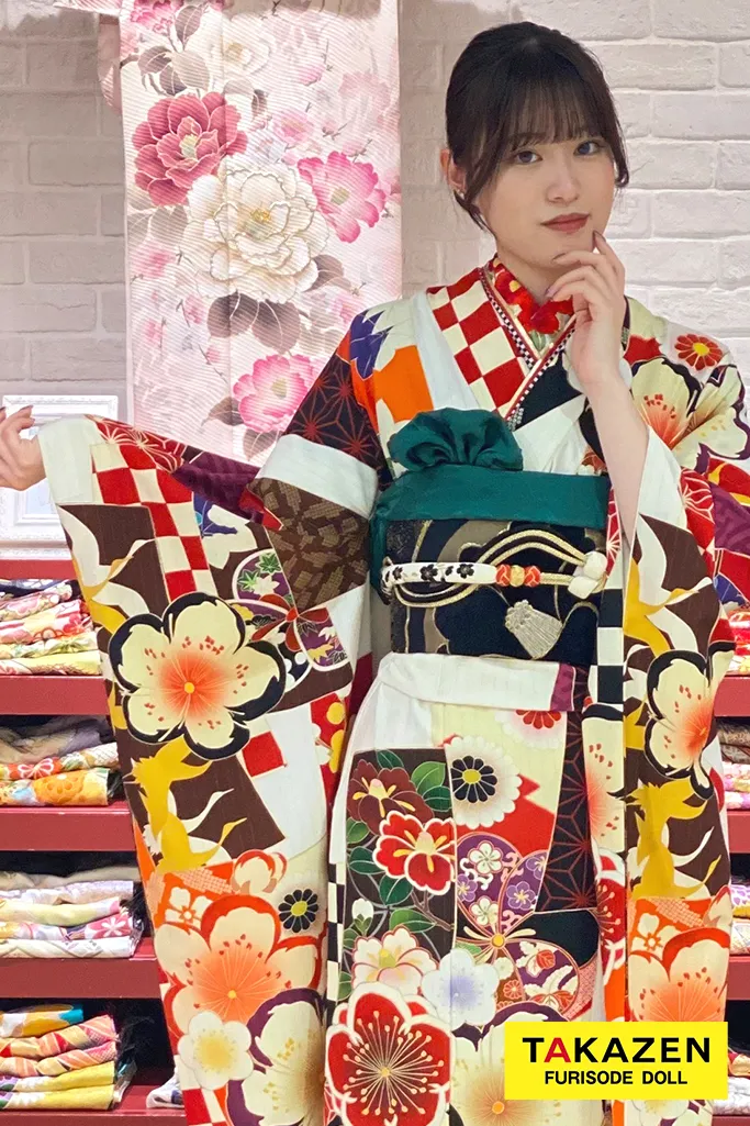 TAKAZENのレンタル振袖 安い!レトロ古典 白/赤 桜柄/市松模様 華やか カラフル プチプラ振袖 低身長さんにもおすすめ【通販可】 M3